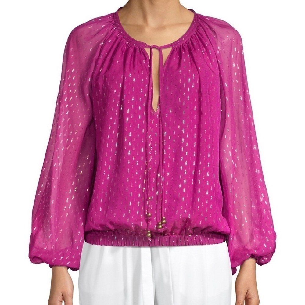 Ramy Brook Deep Fuschia Anora Metallic Fleck Silk Balloon Sleeves Blouse XXS